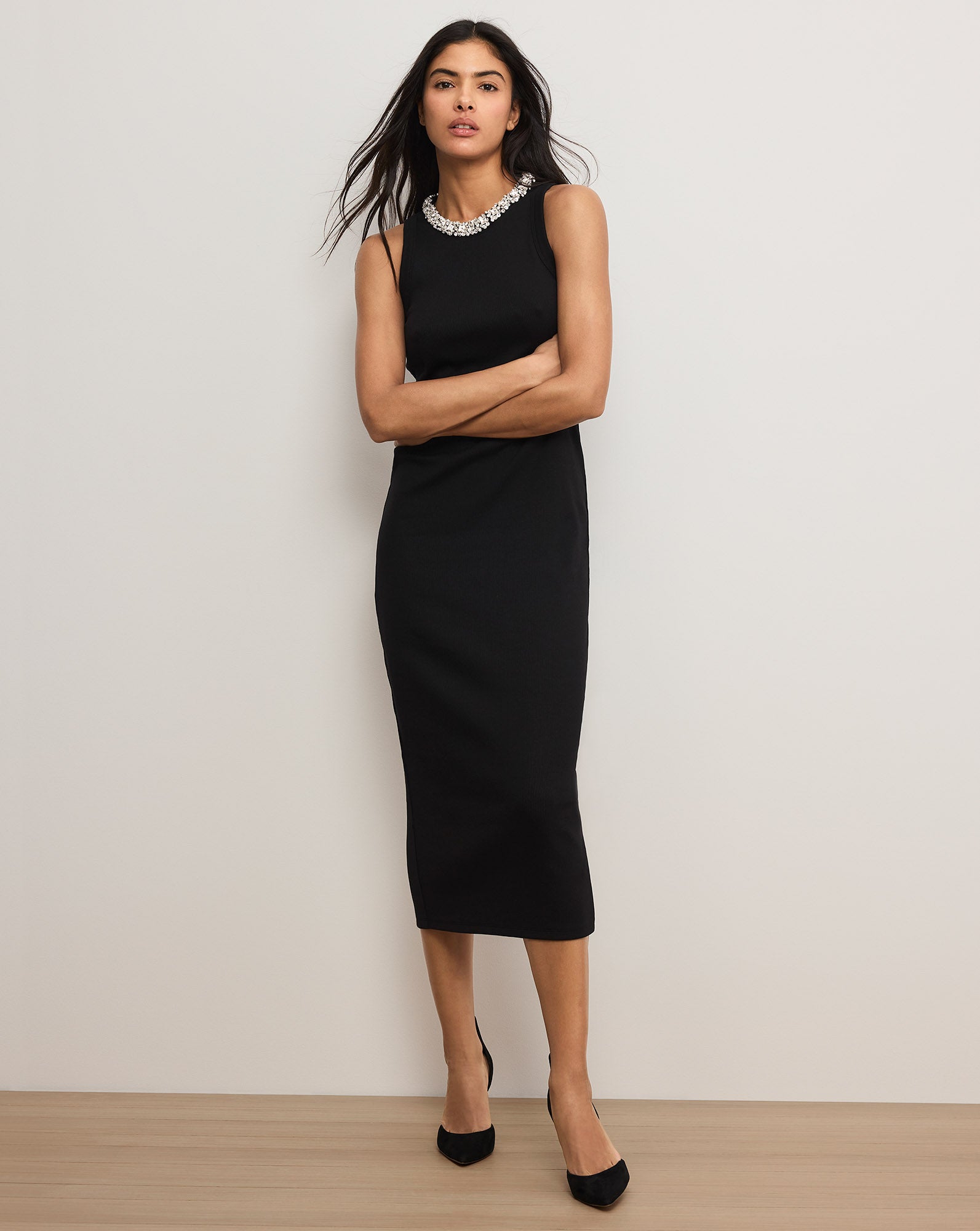 Jordyn Embellished-Collar Midi Dress